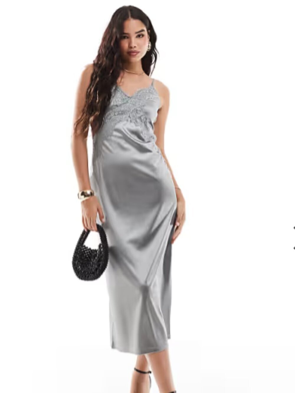 Vero Moda Silver Satin Lace Trim Slip Holiday Party Dress L NWT